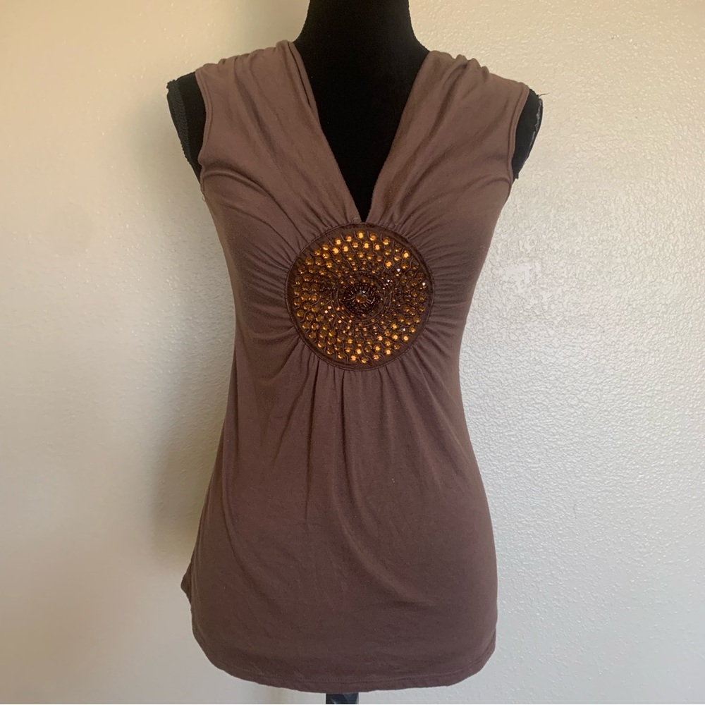 Misope Brown Tank Top with Beaded Detail